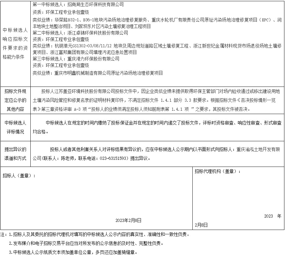 重庆农业机械厂原址地开云体育 开云官网块土壤污染治理修复项目中标候选人公示(图2)